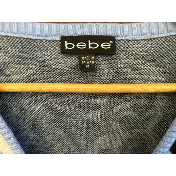 Y2K Bebe Blue Black Floral Knit Button-Front V-Neck Short-Sleeve Top Size M - Picture 3 of 6